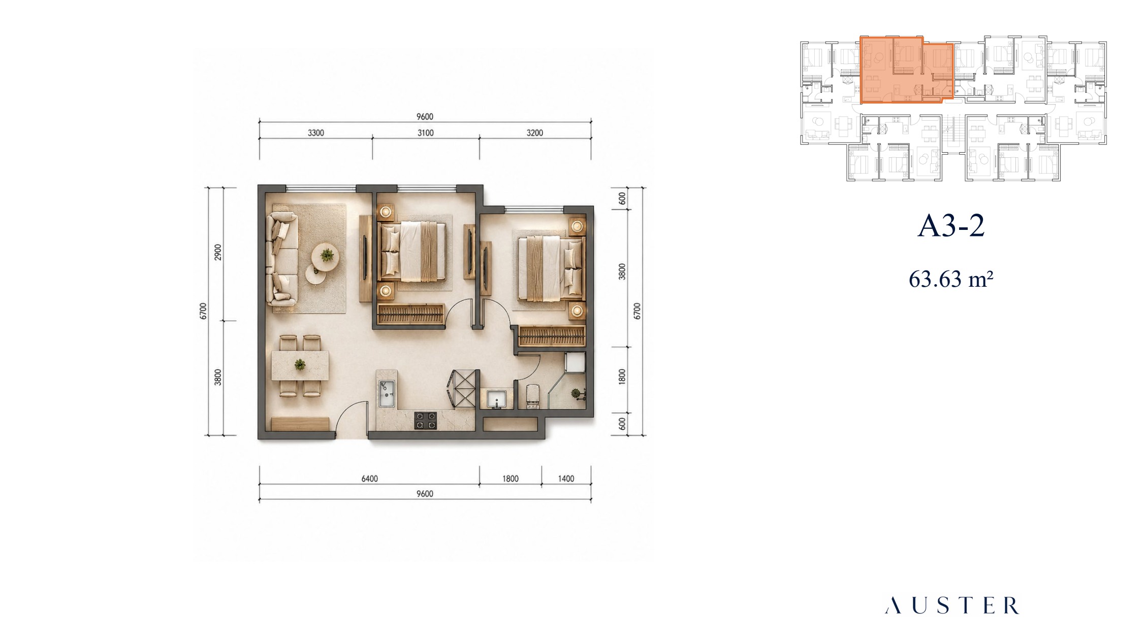 A4 · Planta tipo 63,63 m²